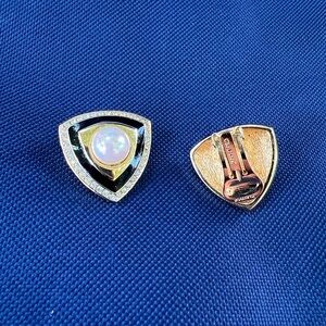 Vintage Dior Signed Black Enamel, Pearl, Crystal Shield Clip on‎ earrings